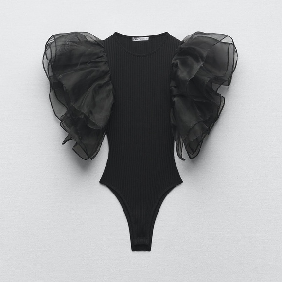 Zara Tops - Zara tulle ruffled black rubbed bodysuit  sleeveless top